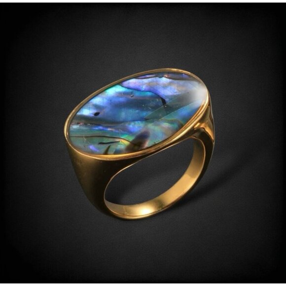 NEW Statement Cocktail Ring Sz.7 18K Gold Plated Oval Abalone Shell Iridescent - Picture 4 of 10